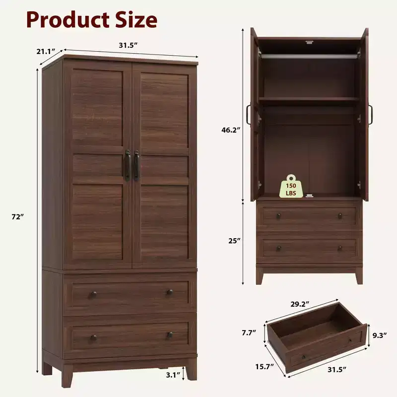 72 Wooden Armoire Wardrobe Closet with 2 Drawers, Hanging Rod, 18 Adjustable Shelves, and Doors for Bedroom Storage, Tall Clothing Cabinet