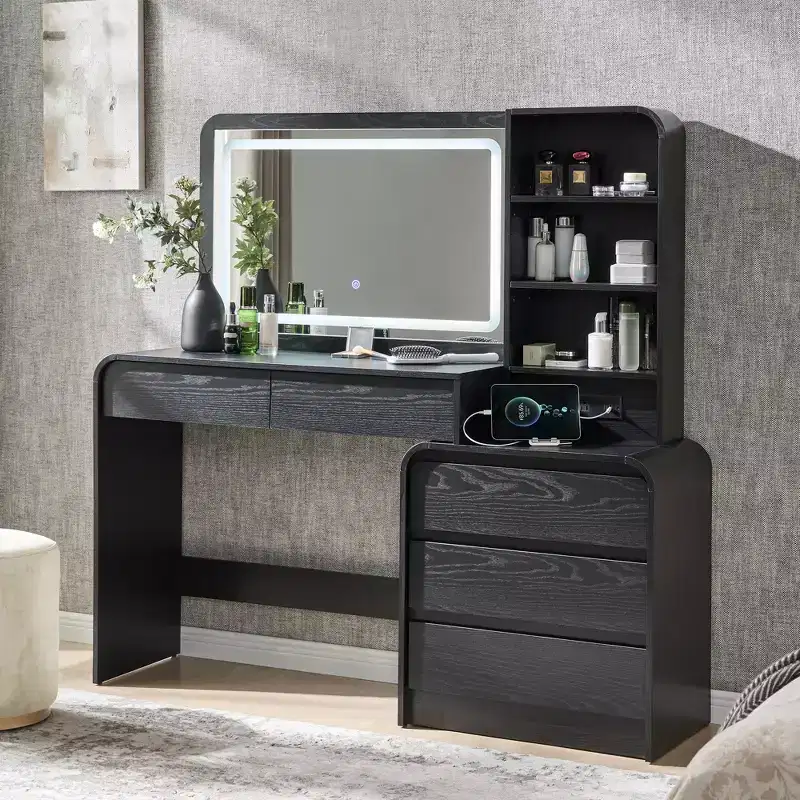 Vanity Desk with 35.4 LED Mirror and Lights, Modern Makeup Vanity Table with Charging Station & Adjustable Shelves