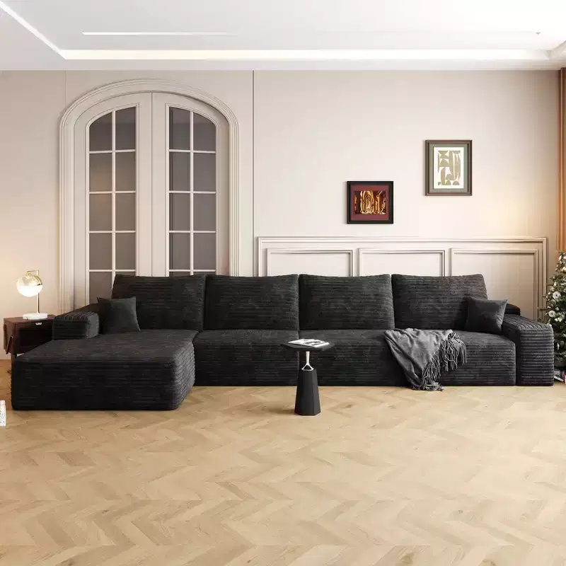 135 Inch Gray Plush Corduroy Fabric Cloud Sectional Couch with L-Shape Chaise Modern Modular Sofa for Living Room Apartment