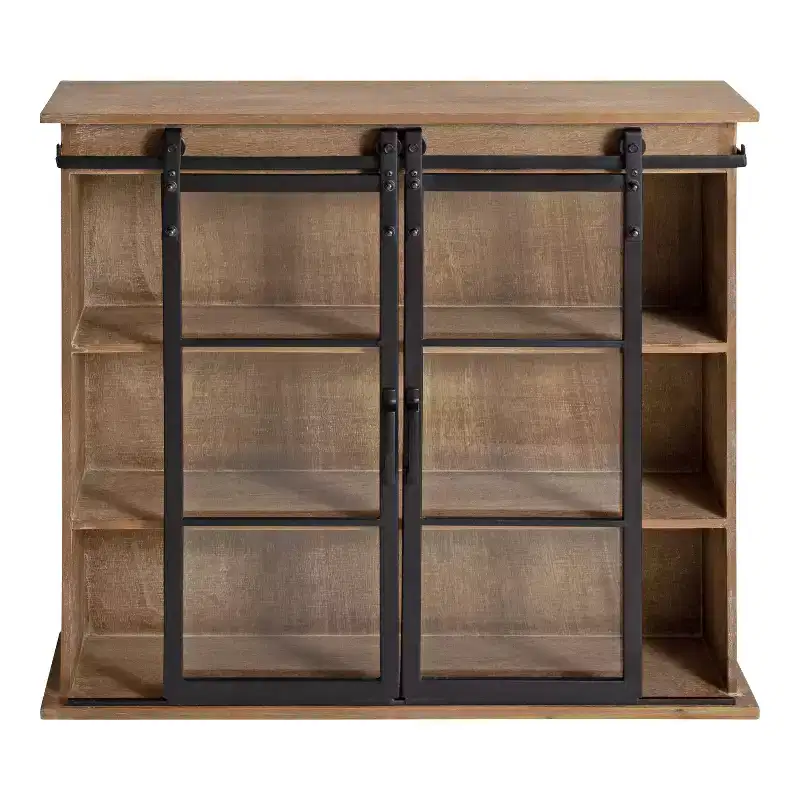 30" x 28" Barnhardt Decorative Wooden Wall Cabinet with 2 Sliding Glass Doors Rustic Brown - Kate & Laurel All Things Decor: Metal Framed
