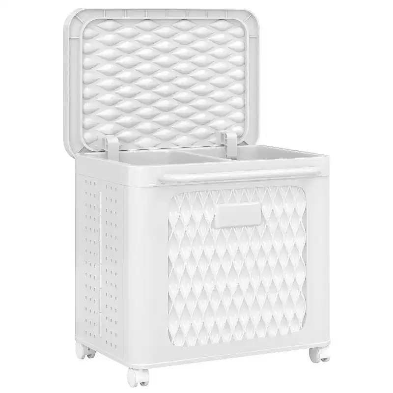 Rolling Laundry Hamper with Lid and Wheels – Plastic Basket with Handle for Laundry Room or Bathroom, White