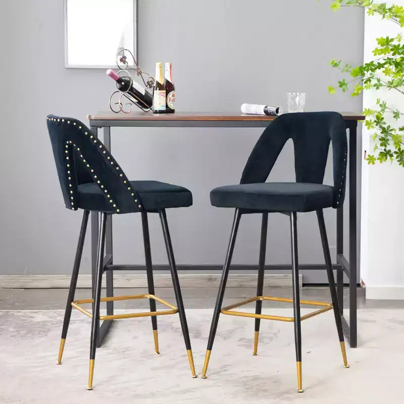 Velvet Bar Stools with Back Support and Footrest, Upholstered Kitchen Chairs, Wide Cushion Counter Stools for Bar Cafe, 28 Black