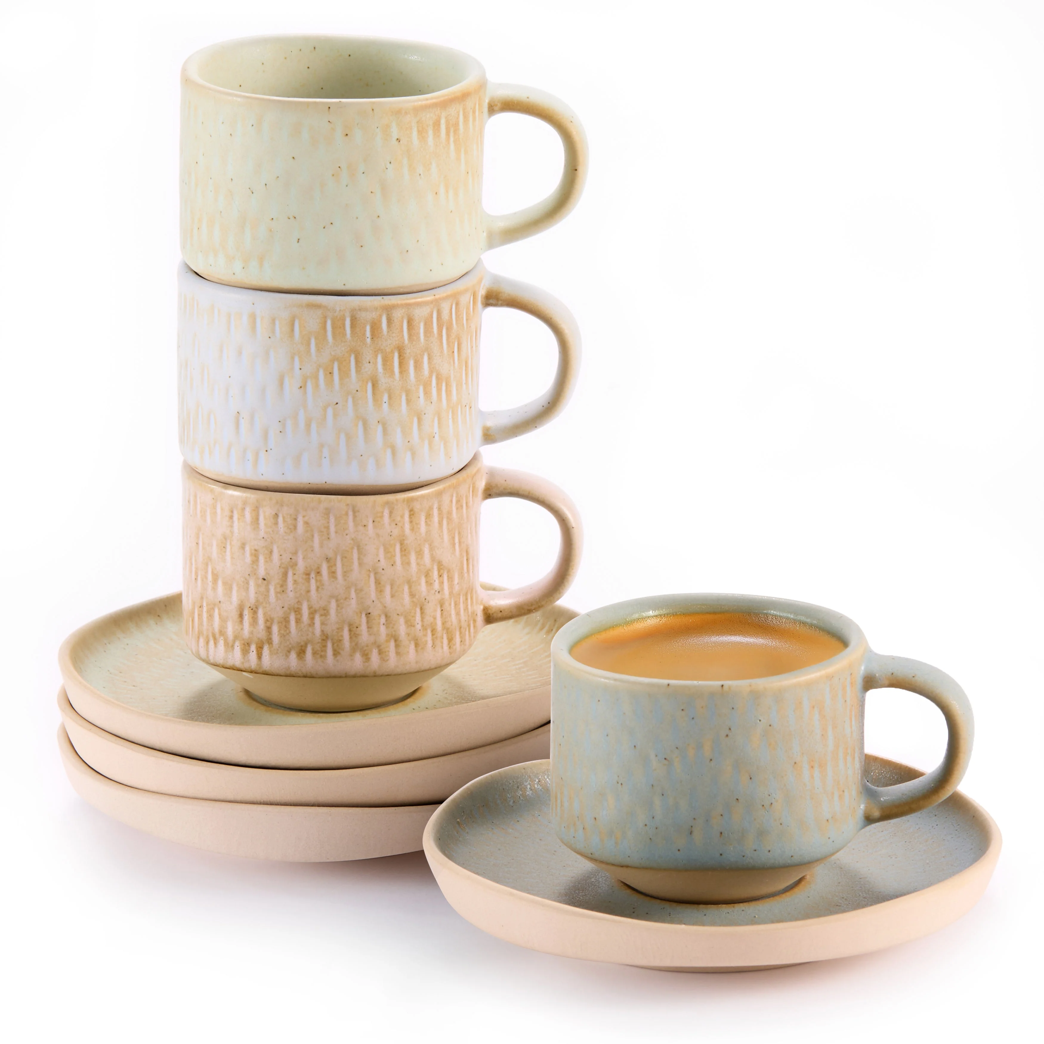 Espresso Mug and Saucer Set, Set of 4, Neutral Multicolor