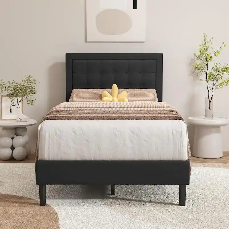 Upholstered Platform Bed Frame with Button-Tufted Headboard – No Box Spring