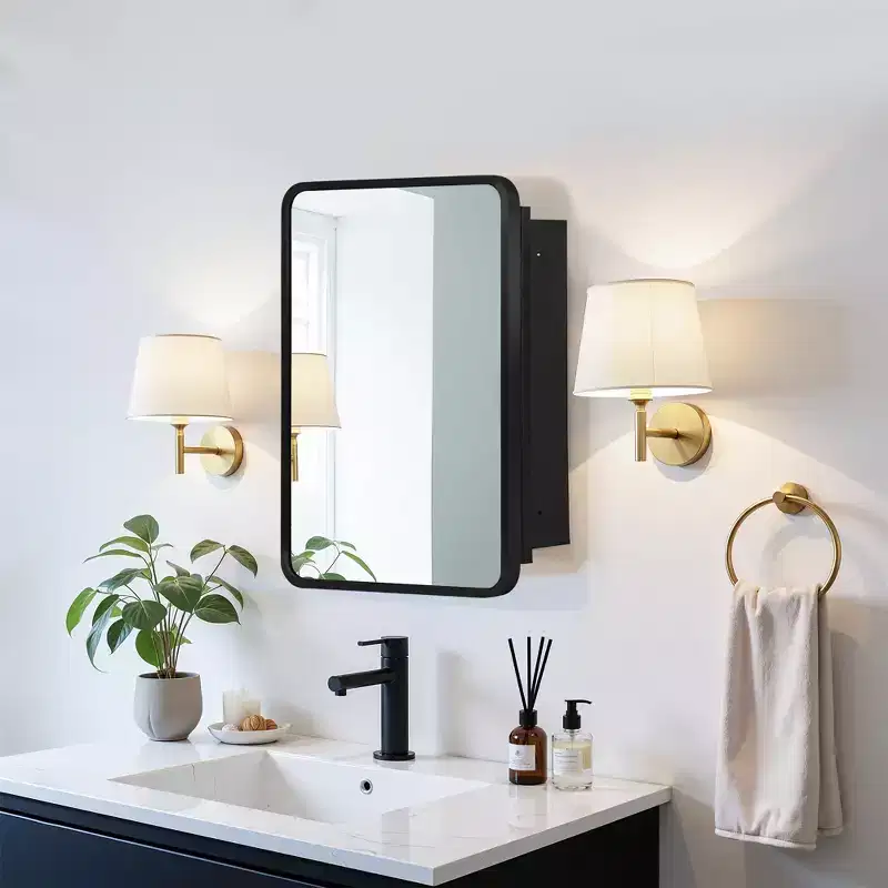 24 x 16 Inch Black Wall-mounted Rounded Rectangular Wrought Iron Framed Medicine Cabinet Mirror Cabinet For Bathroom