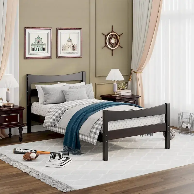 Gymax Twin Size Platform Bed Frame Foundation w/Headboard &Wood Slat - Espresso