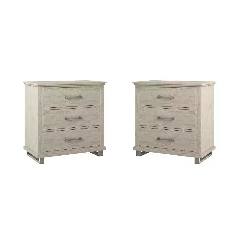 Set of 2 32'' Night Stand Beige - Accent Furniture: Modern Design, 3 Drawers, Metal Legs