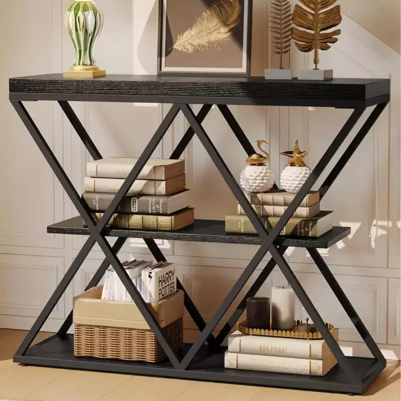 3-Tier Entryway Table with X-Shaped Metal Frame and Open Shelves