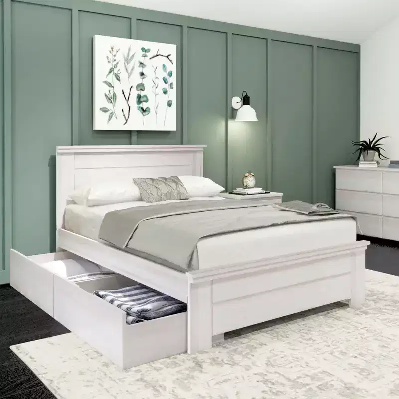 Solid Wood Farmhouse Full Platform Bed Frame with Panel Headboard and Storage Drawers