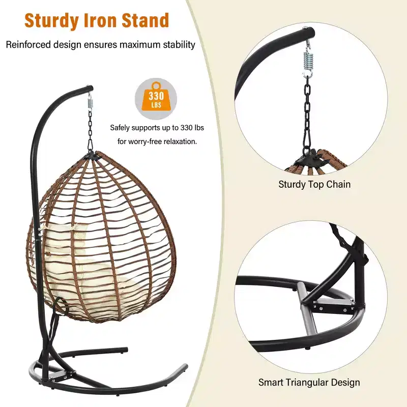 Whisen Hanging Hammock Chair with Stand, Egg Swing Chair with Iron Frame and Cushion & Headrest