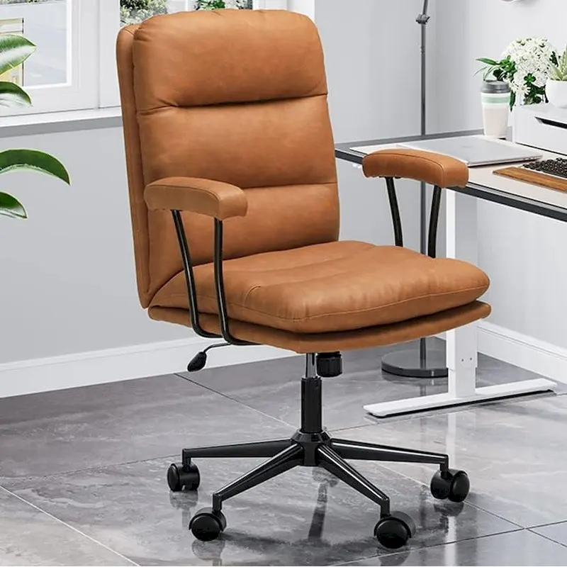 Brown Leather Mid-Century Office Chair with Arms, Adjustable, 1-Person, 400 lbs Capacity