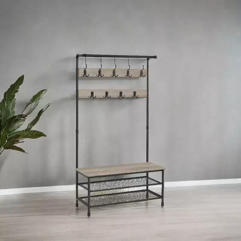 DAINTREE 3-in-1 Entryway Coat Rack and Storage Bench, Pipe Style Hall Tree with 9 Hooks, Multifunctional, Sturdy Steel Frame, Large Size, Industrial