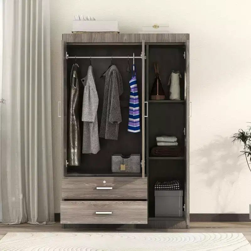 Whisen Wood 3-Door Wardrobe Armoire with Hanging Rod, 2-Drawers, and Storage Shelves