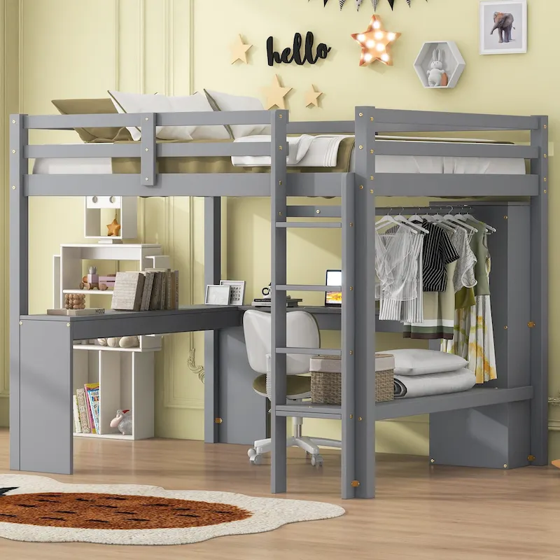 Solid Pine Wood Loft Bed with L-Shaped Desk, Wardrobe, Shelves & 2 Drawers, White/Brown