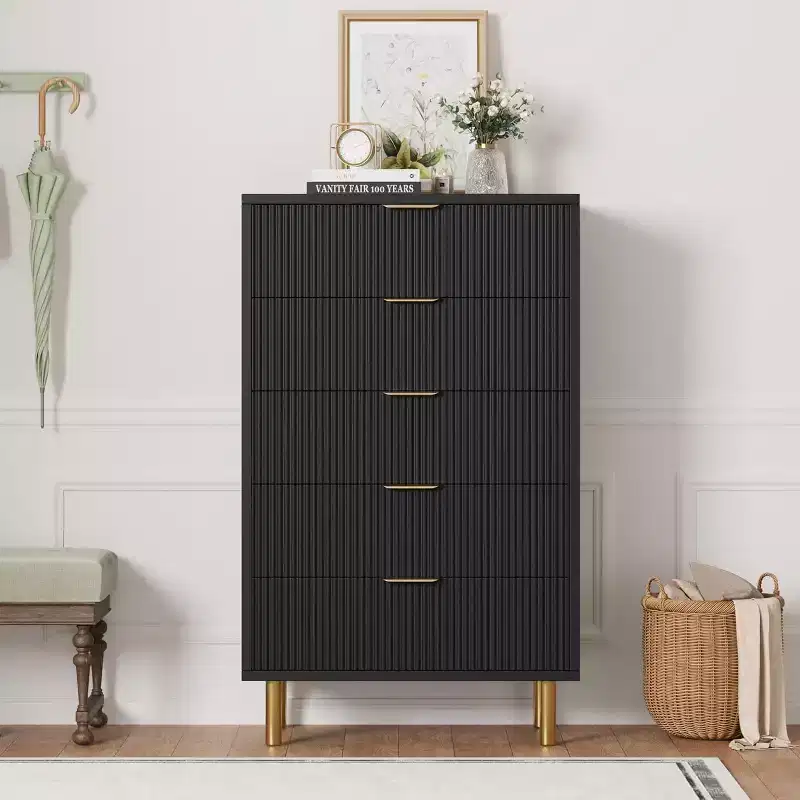 COZONY 5 Drawer Dresser - 48 Tall Modern Chest with Gold Metal Handles, Fluted Wooden Panels, Anti-Tipping Device for Bedroom, Living Room, Hallway