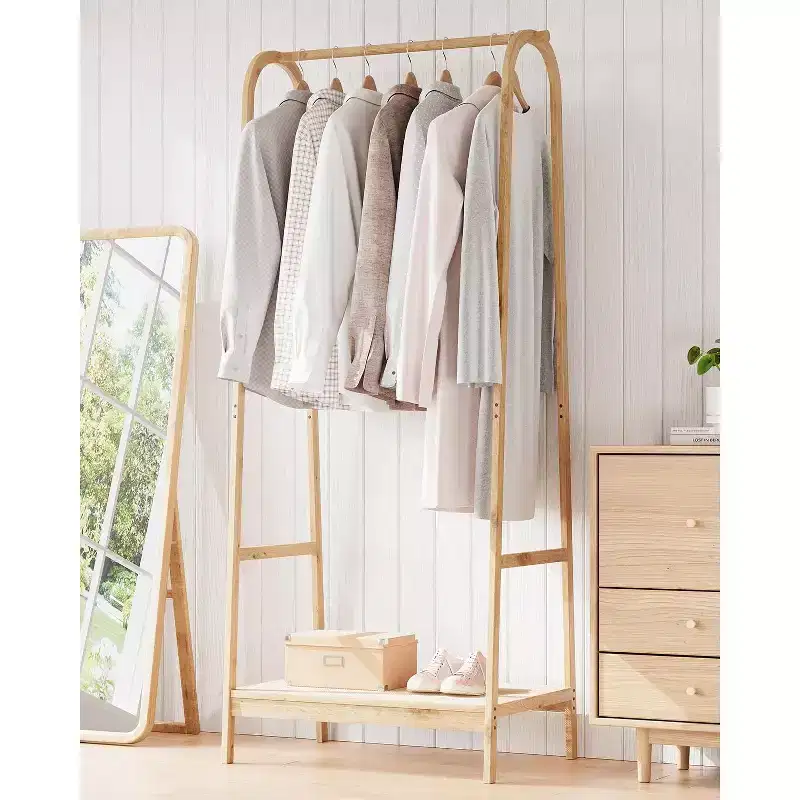 Clothing Rack with Storage Shelf, Bamboo Freestanding Garment Rack for Bedroom, Balcony, Clothes Store, Clothing Storage Organizer, Wood