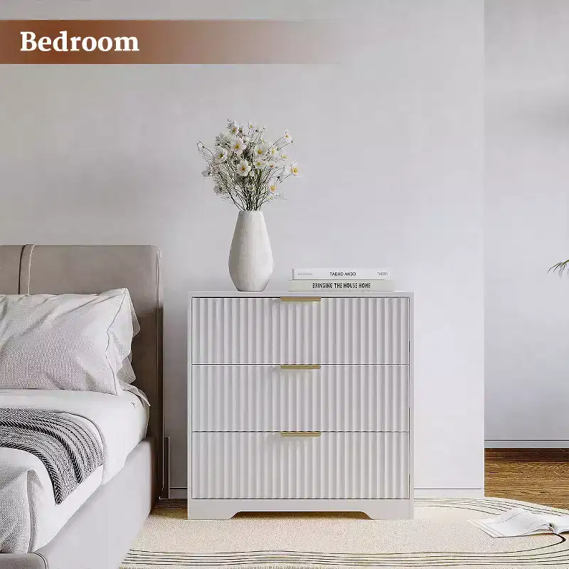 27 Inch Wide White Nightstand 3 Drawers Modern Fluted Wood Bedside Table Large Storage Accent Cabinet Dresser For Bedroom Living Room Home Furniture