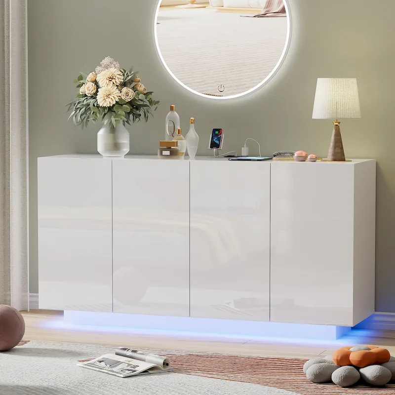 Buffet Cabinet with LED Lights and High Gloss Doors