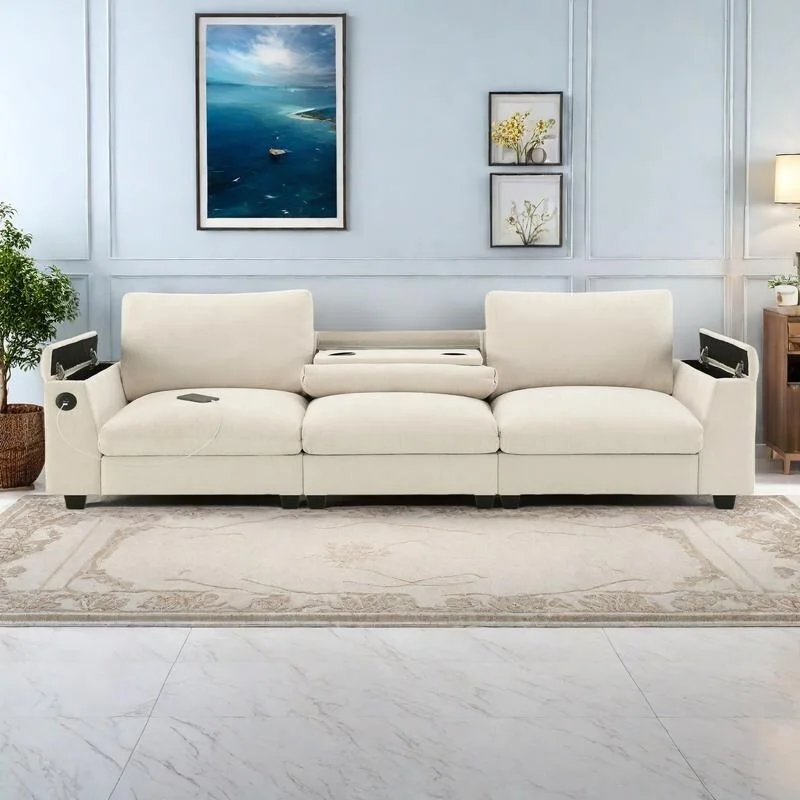 96 Chenille Smart Sectional Sofa with Bluetooth Speaker, Drop-Down Table & USB Charger and 3-Seater Cloud Couch