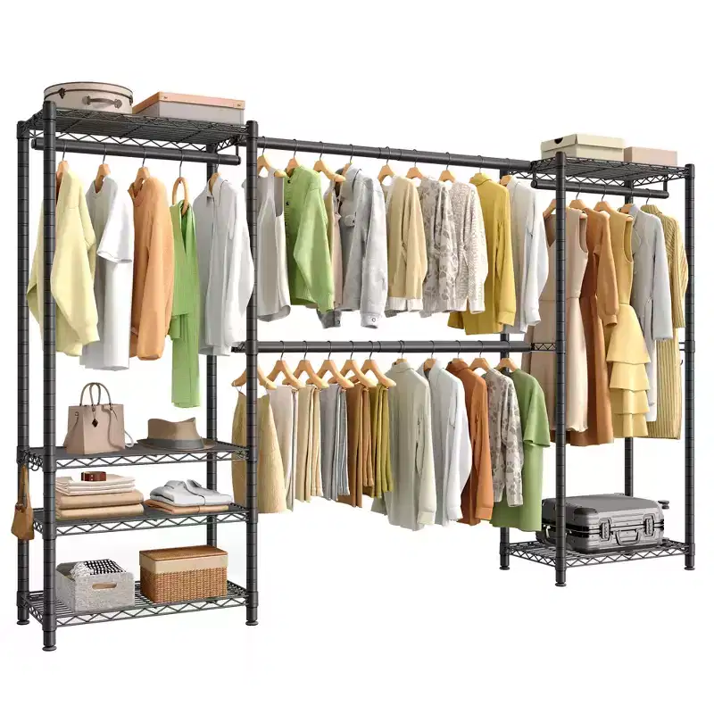 SONGMICS Heavy-Duty Clothes Rack, Extendable Garment Rack, Portable Closet with Adjustable Mesh Shelves and Hanging Rails, Hooks