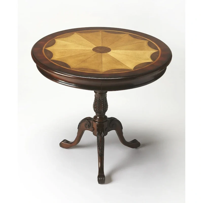 Traditional Round Wooden Pedestal Table in Cherry Finish - Dark Brown