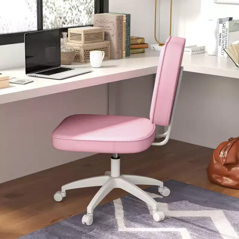 Cute Armless Office Chair, Desk Chair with Wheels and Adjustable Height, Small Vanity Chair for Office, Home, Pink