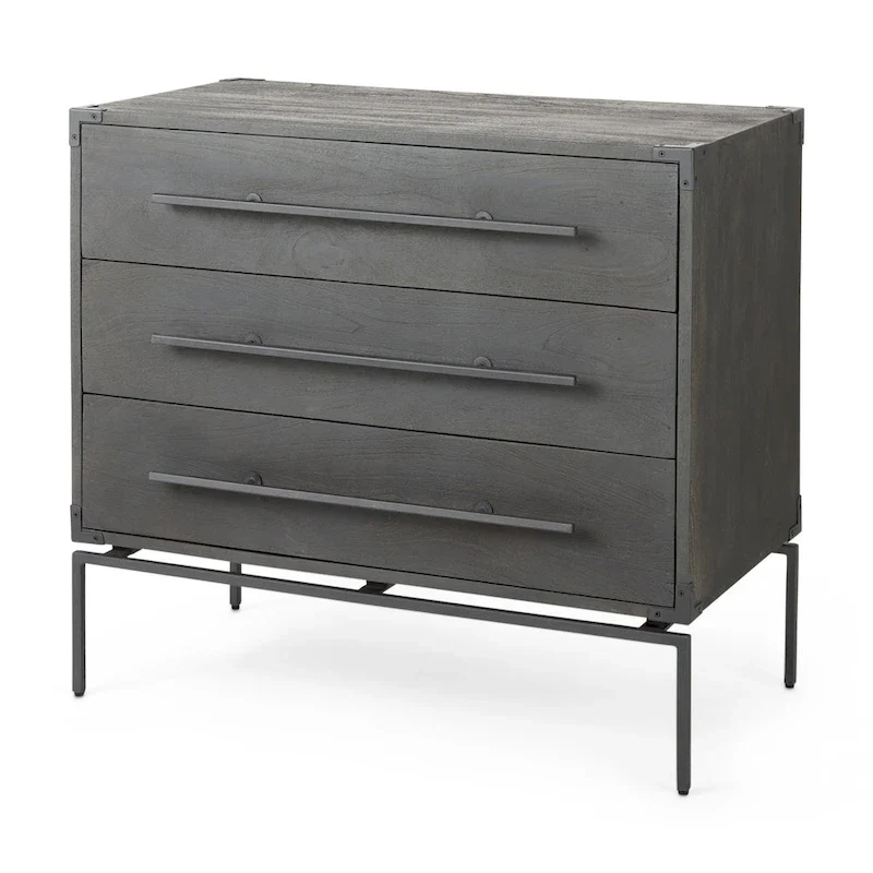 Dark Brown Solid Wood 3-Drawer Accent Cabinet with Black Iron Base