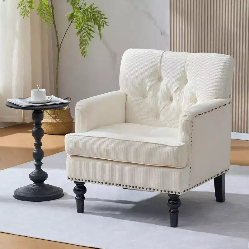 TUYOHW Tufted Club Chair,Accent Armchair with Linen Corduroy Fabric,Studded Trim,Upholstered Button Sofa Chair for Living Room,Reading Nook