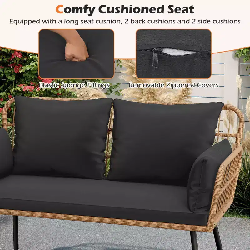Costway Patio Wicker Loveseat Furniture with Seat Back Cushions, Heavy-Duty Metal Legs Off-White/Black