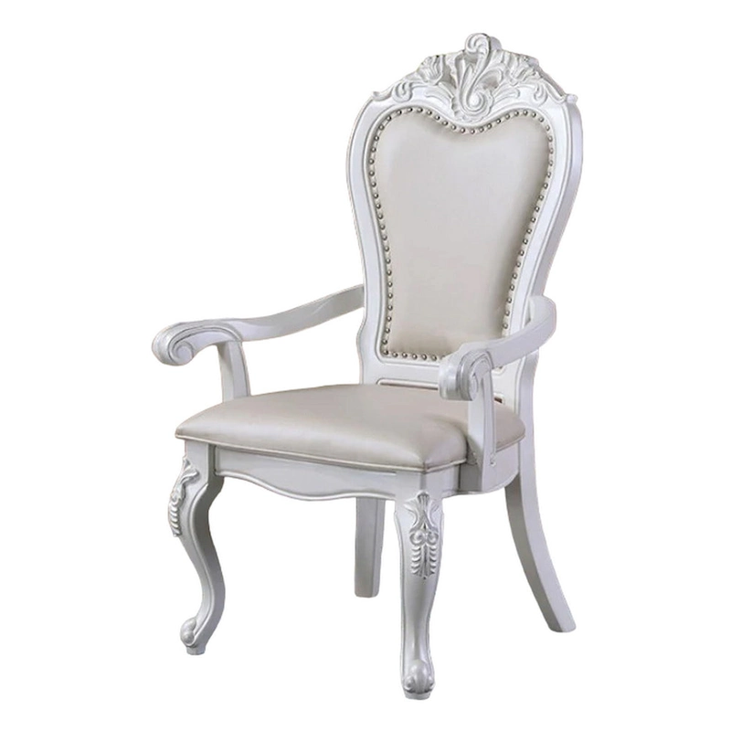 Zenie Dining Armchair Set of 2, Carved Cabriole, Faux Leather, White Wood