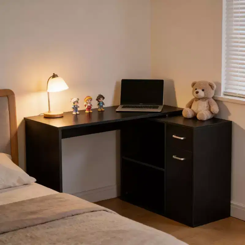 GDFStudio Edin Rotating L-Shaped Corner Computer Desk with Storage Cabinet and Shelves