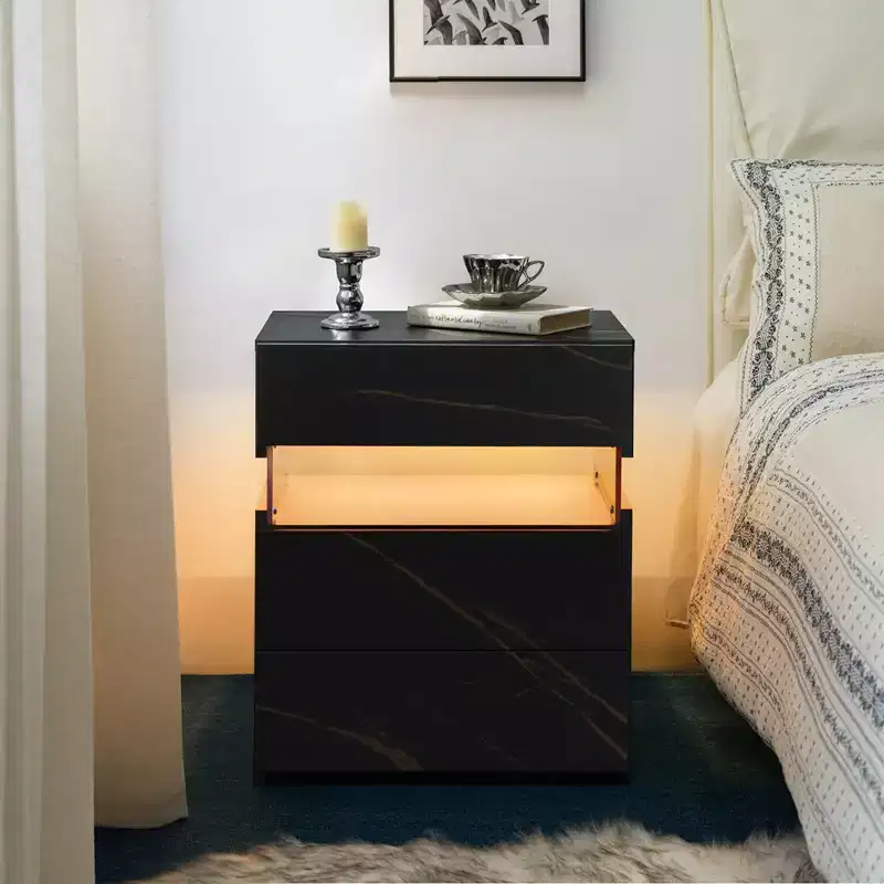 GDFStudio Modern LED Nightstand with 3 Drawers and Acrylic Board