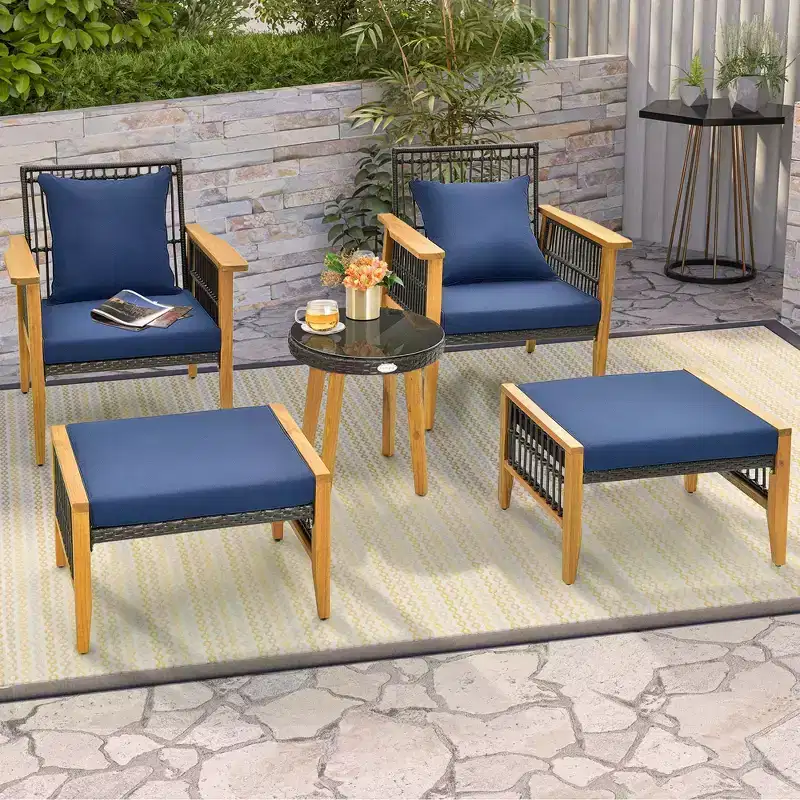 Costway 5 Pcs Patio Acacia Wood Wicker Woven Furniture Set with Coffee Table & 2 Ottomans Navy/Beige
