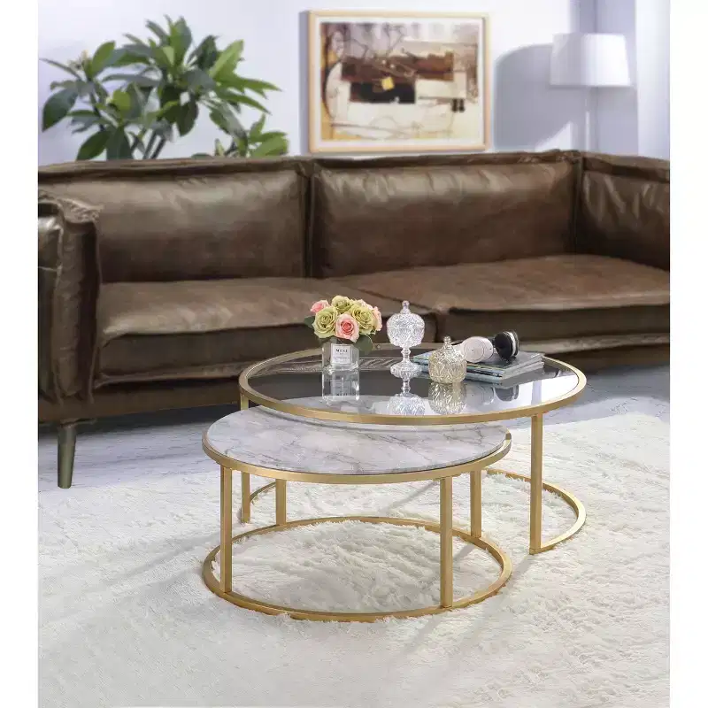 Royal Hampton Metal Framed Nesting Coffee Tables with Glass and Marble Tops, Set of Two, Gold