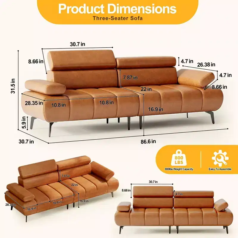 86.6 3-Seater Faux Leather Sofa Bed - Convertible Futon Sleeper Couch with Adjustable Backrest & Split Design - Brown