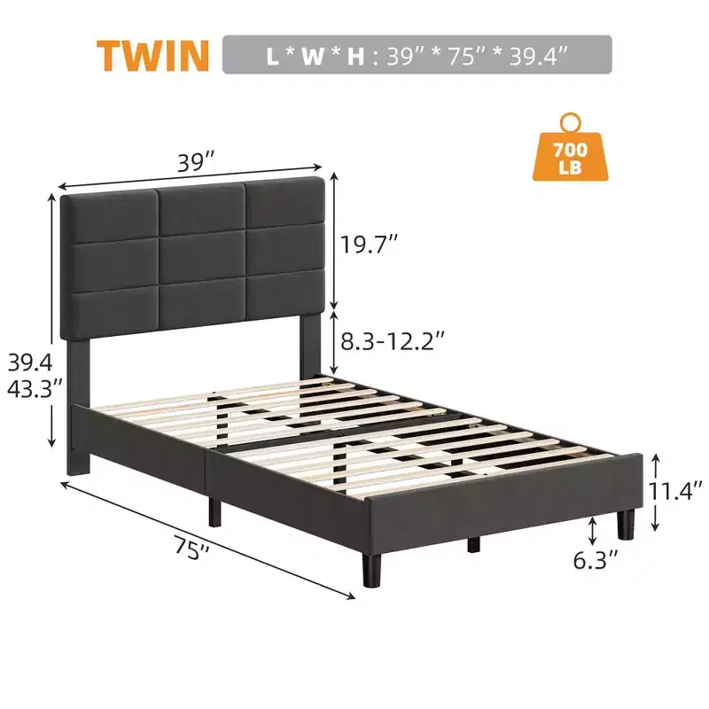 Linen Upholstered Platform Bed Frame with Adjustable Headboard  Grey, No Box Spring Needed
