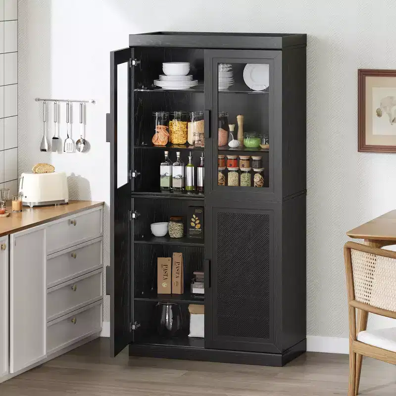 62 Solid Wood Pantry Cabinet with Adjustable Shelves and Glass Door