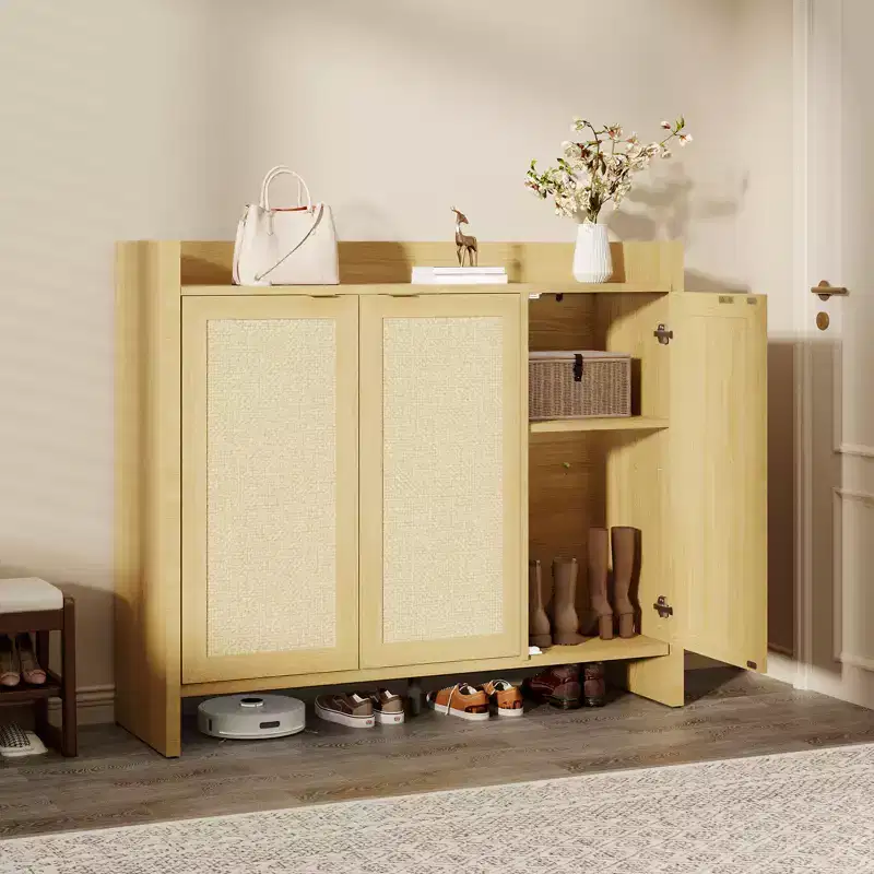 Rattan Shoe Storage Cabinet, Wooden Shoe Rack Organizer Cabinet with 3 Doors and Adjustable Shelves for Entryway Living Room Hallway, Light Oak