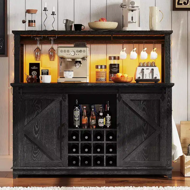 55 Farmhouse Coffee Bar Cabinet w/ Power Outlet & LED Lights - Sliding Barn Door, Wine Rack, USB Charging Station | Black/Brown/White