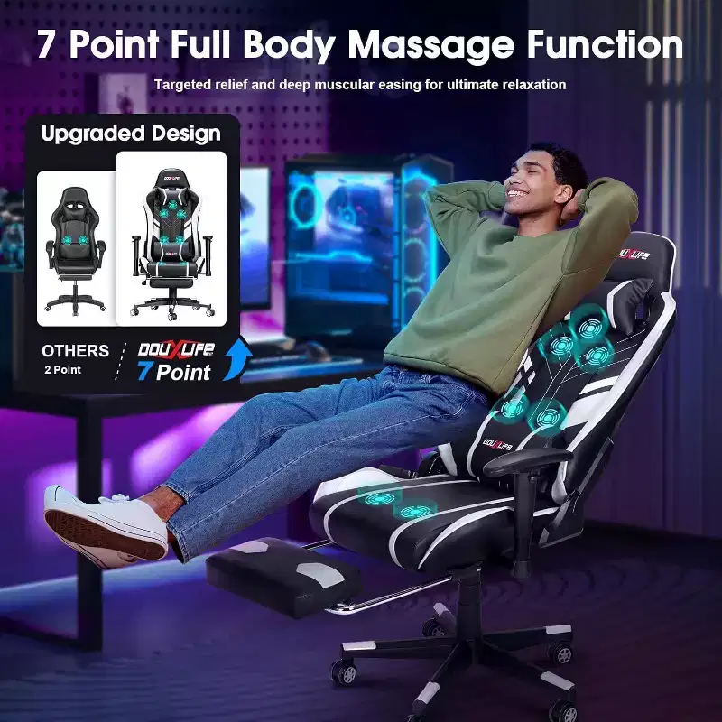 Douxlife Modern 7-Point Massage Ergonomic Gaming Chair with Footrest & Adjustable Armrests Black White