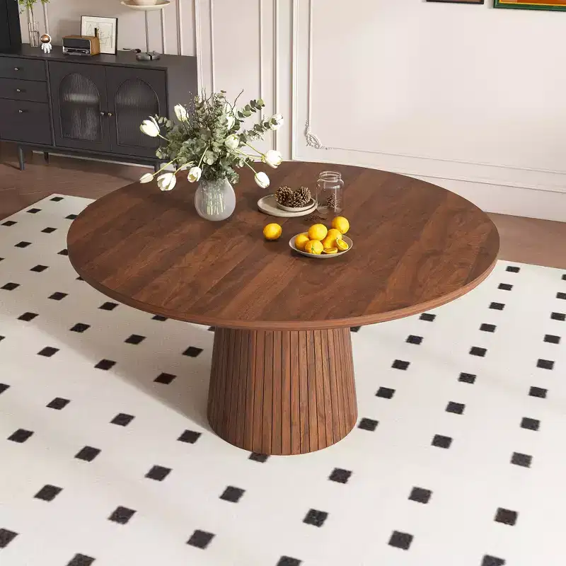 JVNOXK 47 Round MDF Dining Table for 4, Modern Farmhouse Kitchen Table with Wood Strip Base, Walnut Finish Circle Table for Kitchen & Living Room
