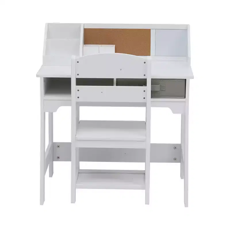Kids Desk and Chair Set, Wooden Study Table with Storage Bins, Bookshelf, Bulletin Board, and Pen Holder, Writing Table for Boys and Girls, White