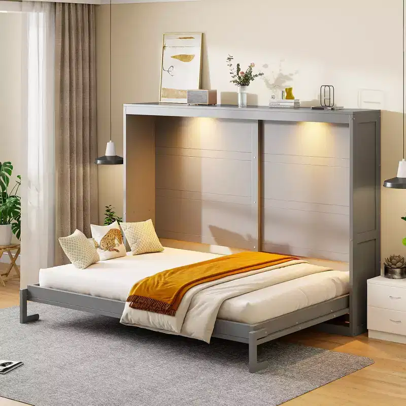 Queen Size Murphy Bed Wall Bed with LED Lights, White/Gray