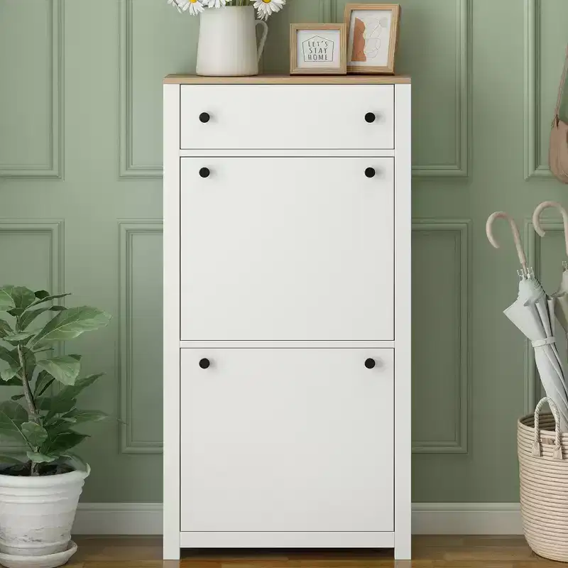 Functional Wood Grain Shoe Cabinet with 2 Flip Top Drawers and Adjustable Panels - ModernLuxe