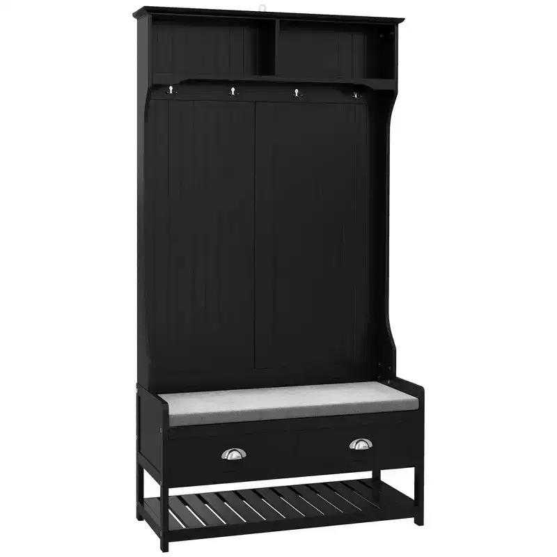 Coat Rack and Bench Hall Tree Organizer with 4 Hooks, 2 Drawers with Padded Seat Cushions for Entryway