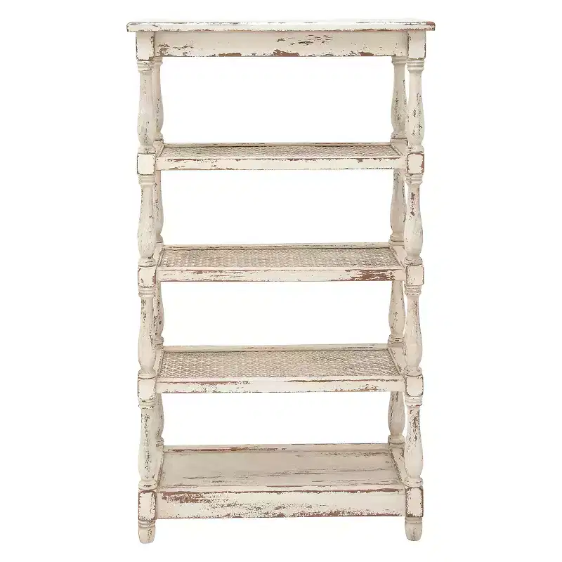 White Distressed 5-Tier Wood Bookshelf – Farmhouse Style, 1-Person Assembly