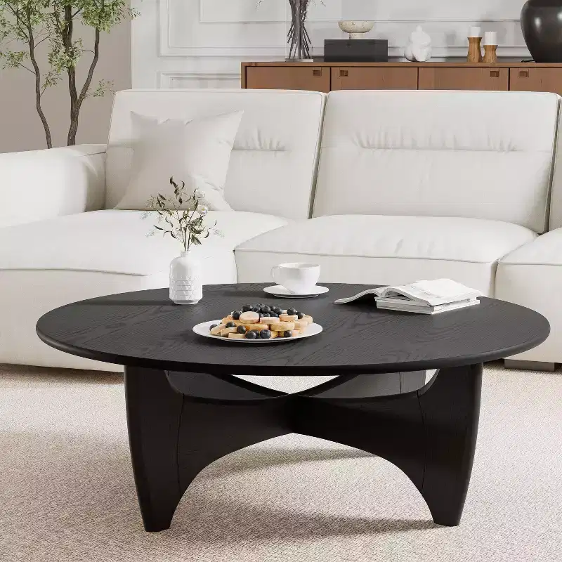 PexFix 38 Round Modern Coffee Table Farmhouse Solid Wood Tea Table with Cross Sturdy Legs for Home Office Living Room Black