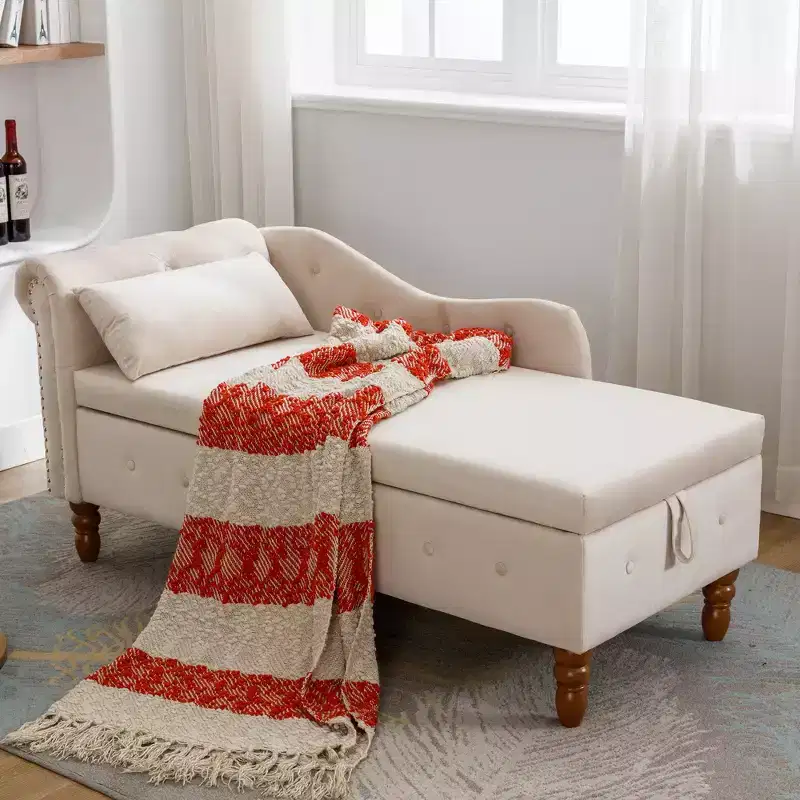 Zeus & Ruta Modern Upholstered Rolled Arm Chaise Lounge, Indoor Sofa, Velvet Lounge Chair with Storage & Pillow