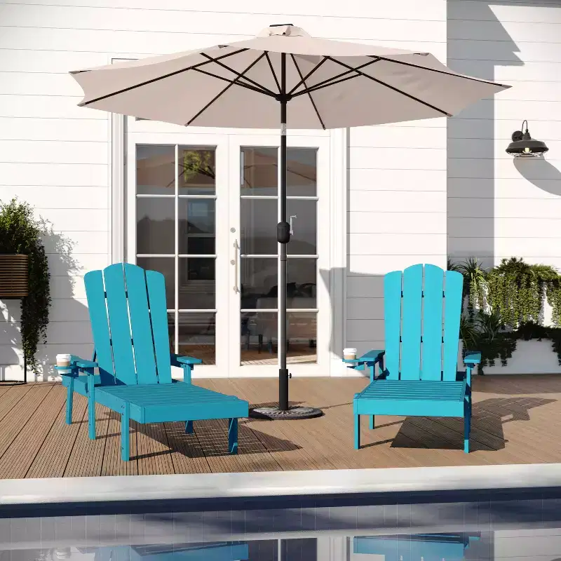 Merrick Lane Set of 2 Indoor/Outdoor Adjustable Adirondack Loungers with Fold Out Cupholders- Recycled All-Weather Indoor/Outdoor HDPE Lounge Chairs