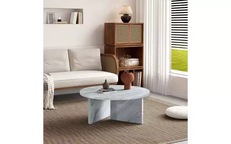Modern Round Coffee Table, Faux Marble Top with Minimalist Nordic Design, Versatile for Living Room, Home Office, or Bedroom - White